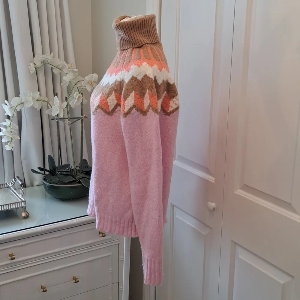 J.Crew Womens Fair Isle Turtleneck Soft Alpaca Wool Blend Sweater Pink/Tan SM‎